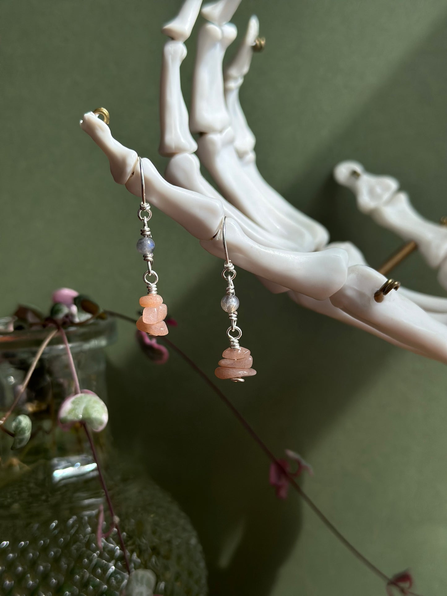 Suntone Gemstone / 925 Sterling Silver Dainty 2 Tier Dangle Earrings
