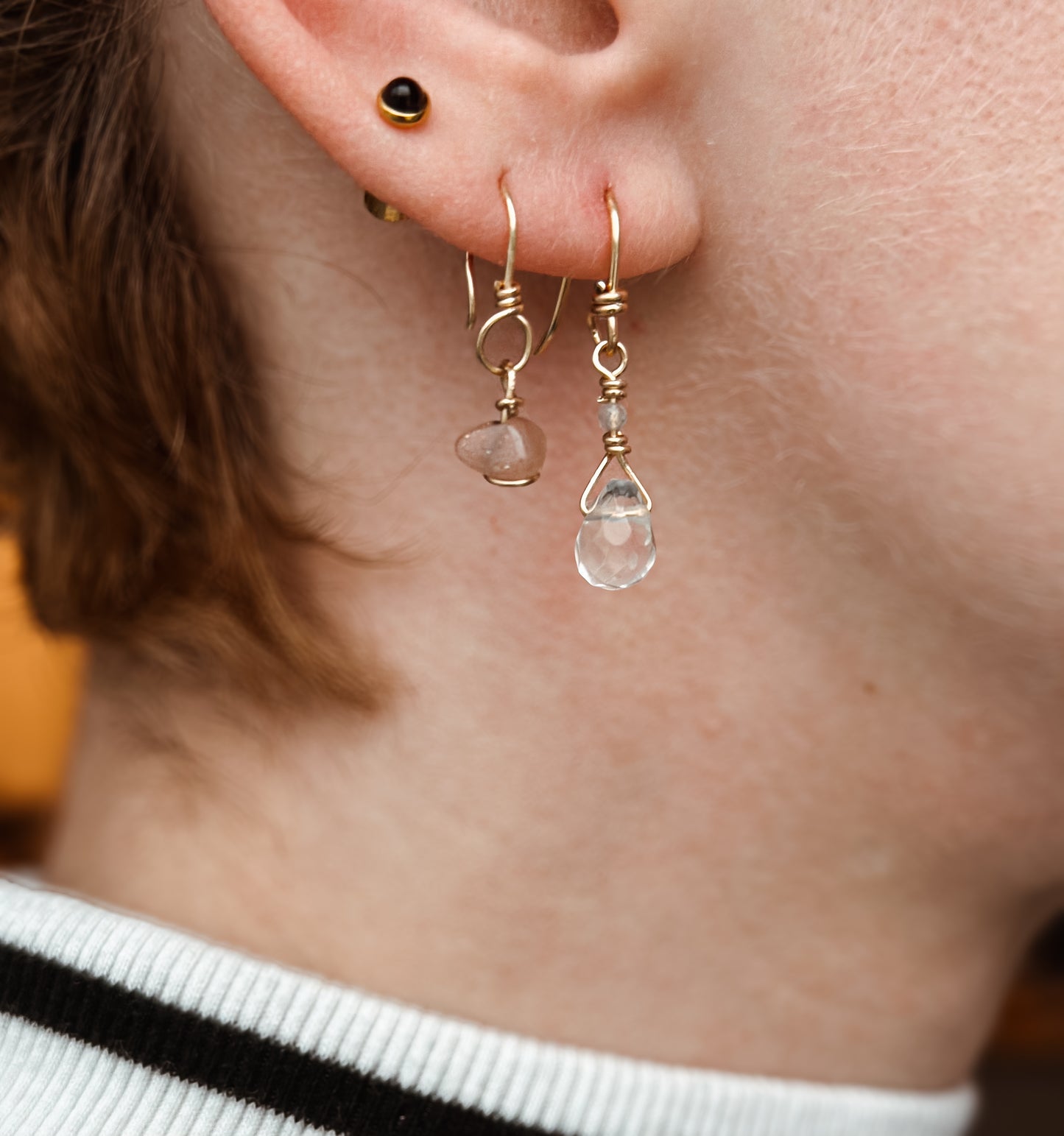 Labradorite Gemstone and Crystal Briolette / 14k Gold Filled Drop Earrings