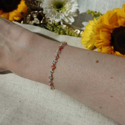 Fiery Orange Sunstone Gemstone / 925 Sterling Silver Wire Wrapped Chain Bracelet