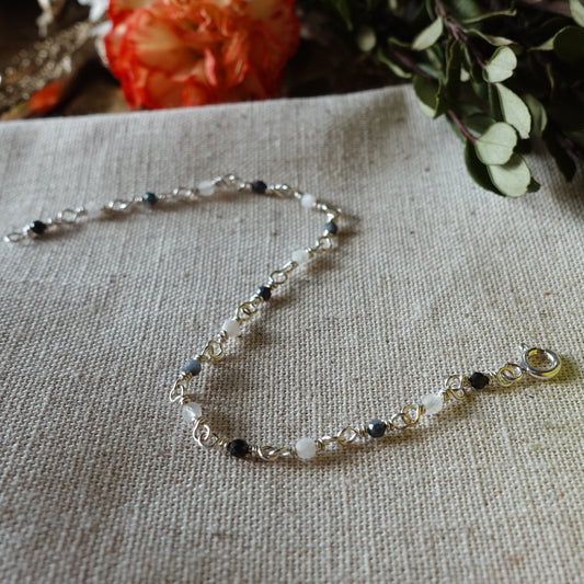 Sapphire and Moonstone Gemstone / 925 Sterling Silver Wire Wrapped Chain Bracelet