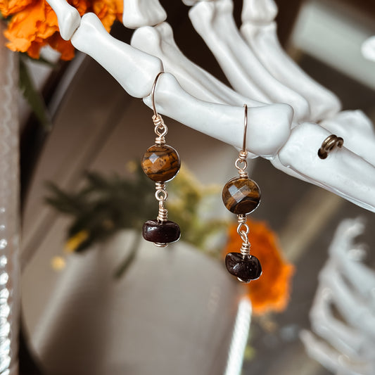 Garnet and Tiger's Eye Gemstone / 14k Gold Filled Dangle Earrings