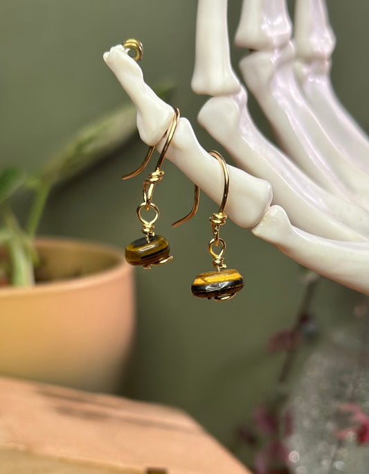 Tiger's Eye Gemstone / 14k Gold Filled Tiny Dainty Drop Earrings