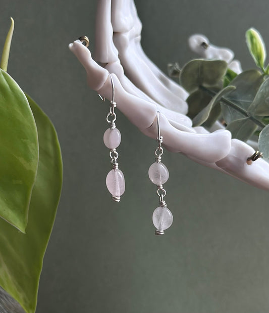 Dainty Rose Quartz Gemstone / 925 Sterling Silver 2 Tier Dangle Earrings