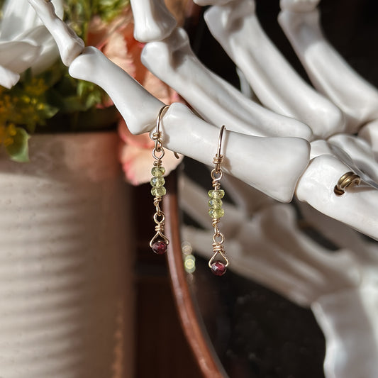 Arizona Mined Peridot and Garnet Gemstone / 14k Gold Filled Dangle Earrings