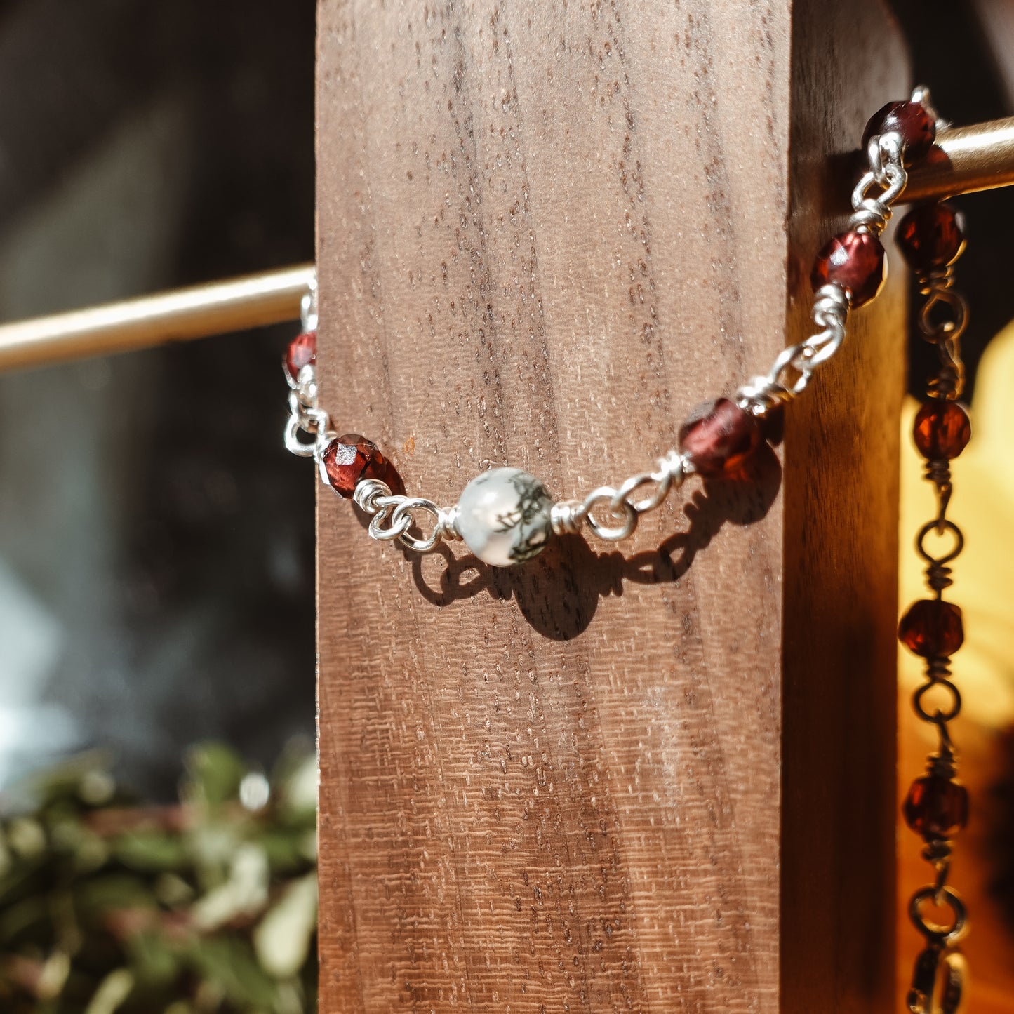 Moss Agate and Garnet Gemstone / 925 Sterling Silver Wire Wrapped Chain Bracelet