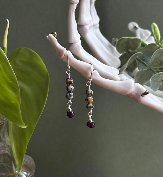 Dalmation Jasper and Garnet Gemstone / 925 Sterling Silver Dangle Earrings